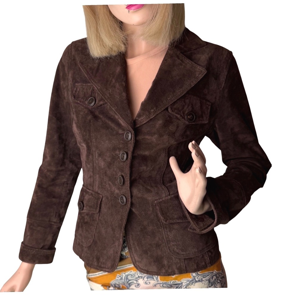 Ricki's Chocolate Brown Suede Blazer Jacket Notched Lapel Y2K Fitted Boho Sz 0